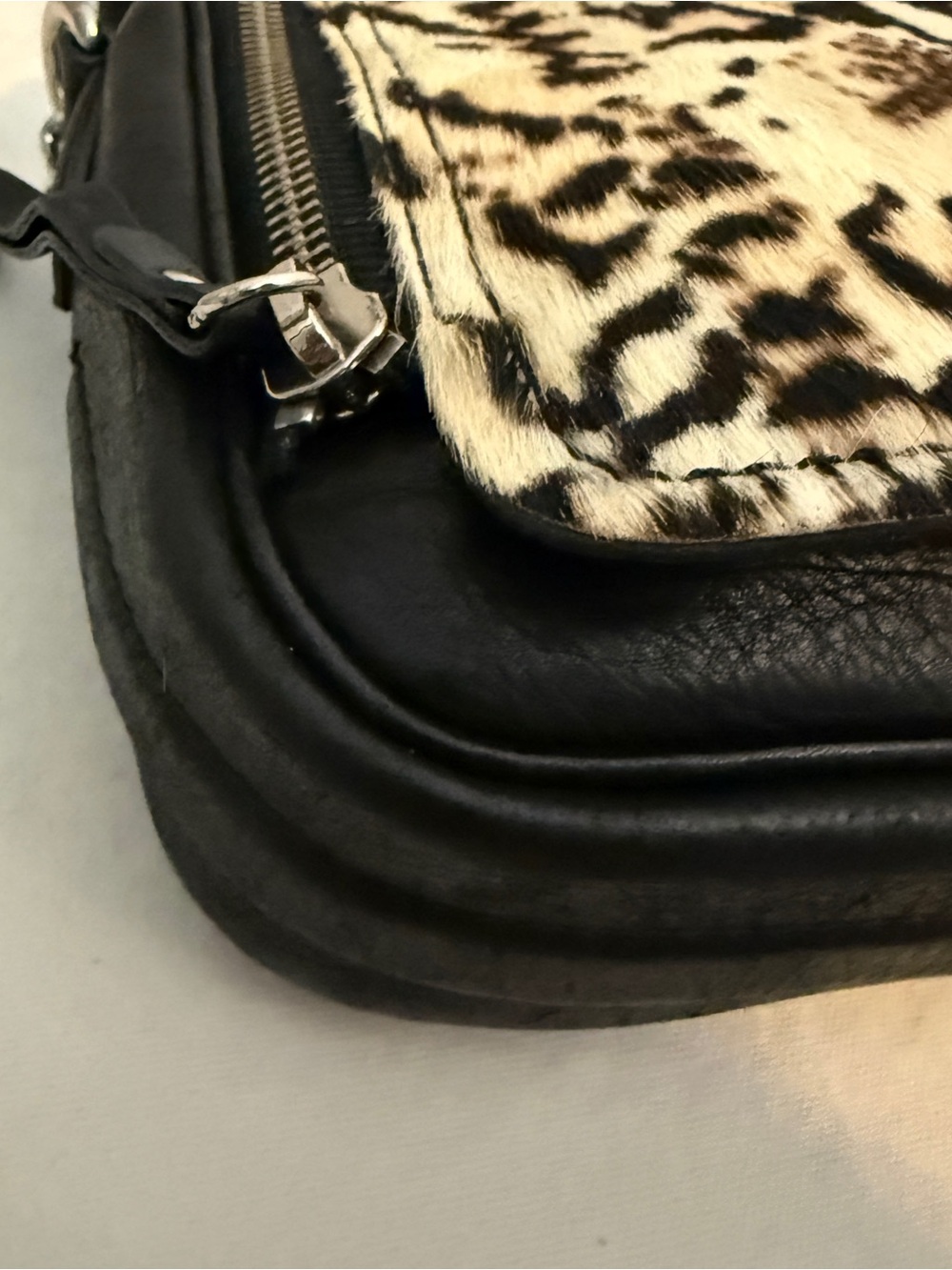 Zara Basic Hair on Hide Leather Black Cream Leopard Print Cowhide Crossbody Bag - Picture 7 of 16